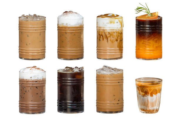 set of iced coffee isolated on white background - latté cafe macchiato cappuccino cocoa imagens e fotografias de stock