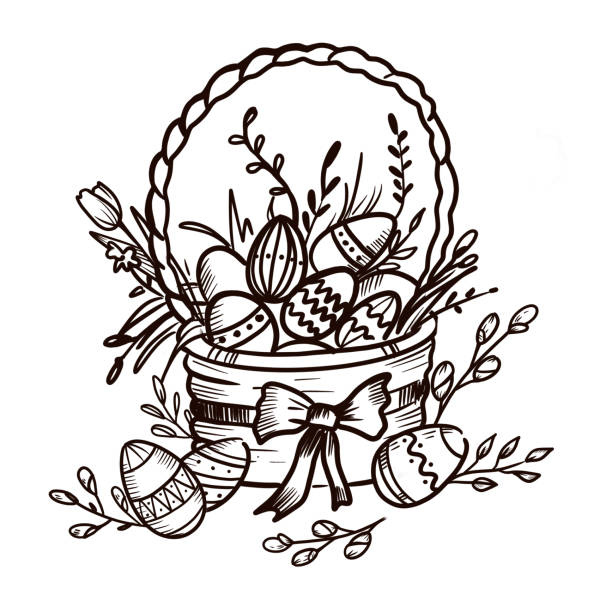 Happy Easter basket with Easter eggs and flowers. Hand drawing, outline style. Happy Easter basket with Easter eggs and flowers. Hand drawing, outline style. easter easter egg eggs basket stock illustrations