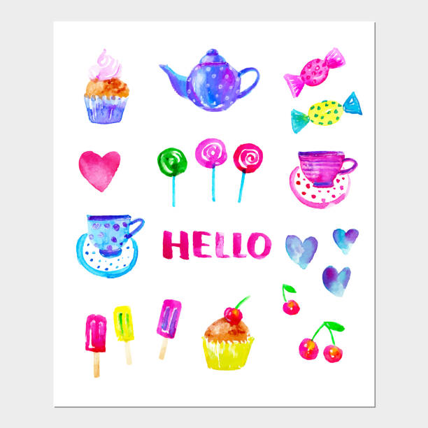 istock Sweet food and tea party background with hearts, teapot, cups, cupcake 1365867452