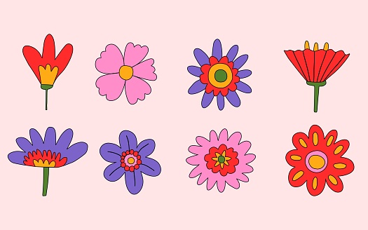 vector set collection of hippie flowers.Summer psychedelic plants in 70s and 80s style. Vibrant groovy and funky botanic.Kidcore rainbow tattoo stickers.Vintage festive spring colorful nostalgia