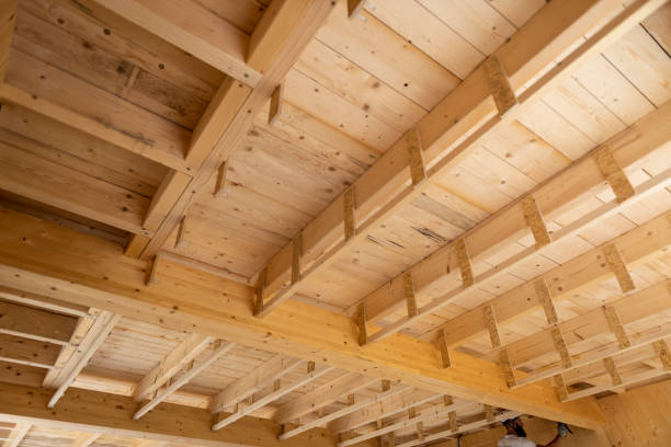 vista interior de una estructura de techo de madera con vigas - home addition attic timber roof beam fotografías e imágenes de stock