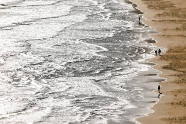 Silhouette of a group of people, alone or in pair, walking on a beach by the sea, with strong backlight reflecting on the water with a shining silver effect. Unusual composition with copy space.