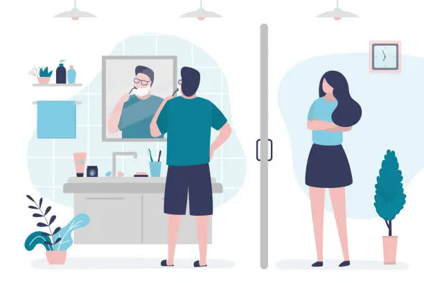 Vector illustration of Man shaves stubble with razor and shaving foam. Male character took over bathroom. Girl waiting for restroom to be free