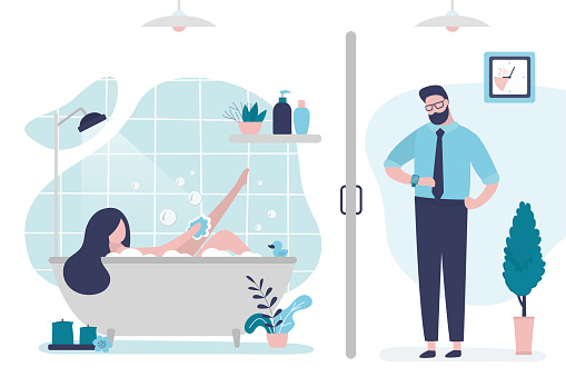 Woman lies in bubble bath and washes with washcloth. Husband waits for girl to finish bathing. Boyfriend waits for bath to be free. Wife occupied bathroom for two hours. Flat vector illustration