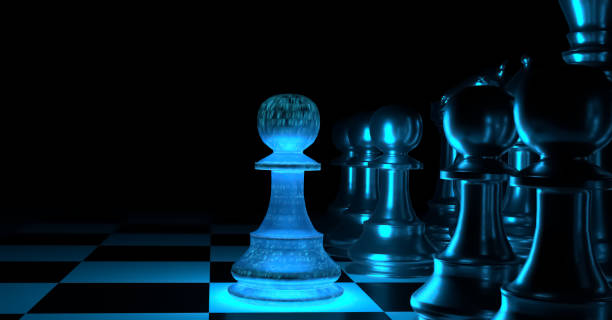 istock pawn one blue light in dark black background outstanding first winner courange front  - 3d rendering 1365874625