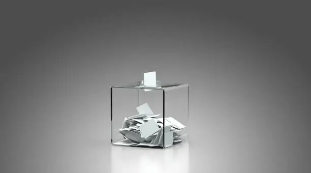 Voting box filled with envelopes - grey background - 3D rendering