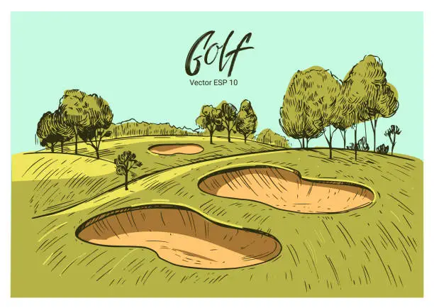 Vector illustration of Golf course. Sketch vector illustration. Golf club, golf tournament