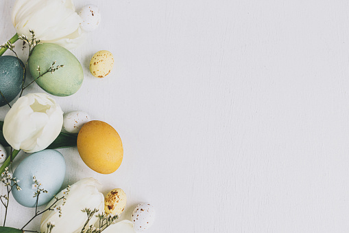 Elegantes huevos de Pascua y tulipanes bordean el fondo rústico de madera blanca, la puesta plana con espacio para el texto. ¡Felices Pascuas! Huevos coloridos teñidos naturales y composición de flores de primavera. Tarjeta de felicitación photo