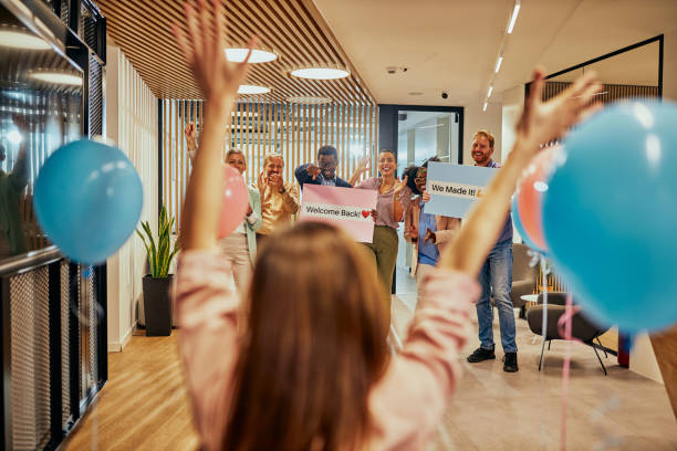 istock Surprise for businesswoman who return to work 1365876447