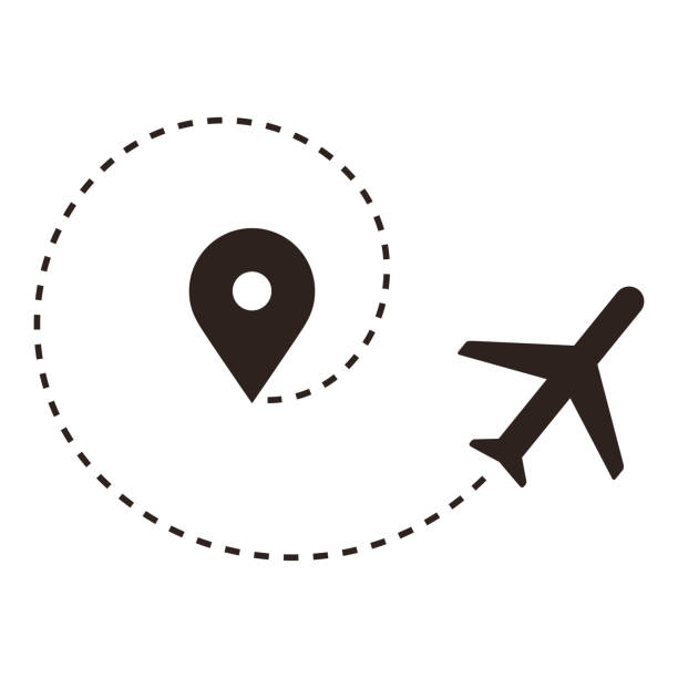Plane and track icon on a white background Plane and track icon on a white background. Aircraft trail with dotted line. Airplane tracking on route start point stock illustrations
