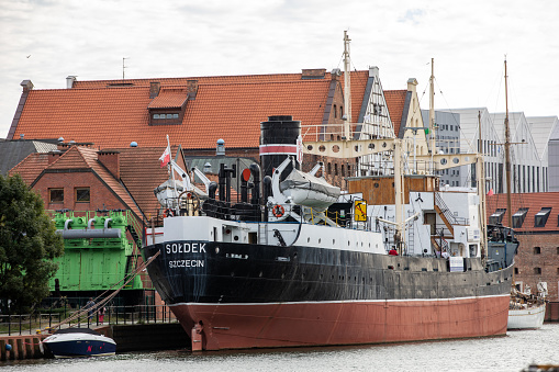 Gdansk, Poland - Sept 9, 2020: Soldek the first ship built in Poland after World War II to the Gdansk shipyard and museum ship today