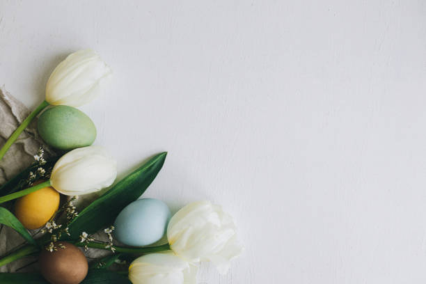 istock Stylish Easter eggs and tulips border flat lay on rustic white wooden background with space for text. Happy Easter! Natural colorful dyed eggs and spring flowers composition. Greeting card 1365879323