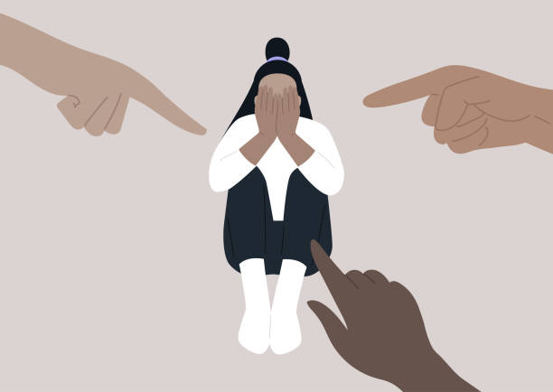 Fingers pointing at a young female character covering their face with hands, a desperate situation, stress and anxiety, victim-blaming, misogyny, and sexism Fingers pointing at a young female character covering their face with hands, a desperate situation, stress and anxiety, victim-blaming, misogyny, and sexism humiliate stock illustrations