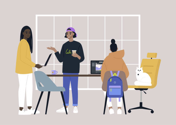 A diverse team of young adults working in the office, millenials at work A diverse team of young adults working in the office, millenials at work window silhouettes stock illustrations