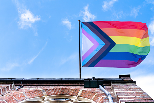 LEIDEN UNIVERSITY, NETHERLANDS - 12 October 2020: Rainbow flag showing support for the LGBTQ+ community at the pride event