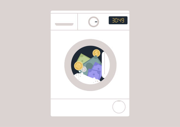 konsep pencucian uang, mesin cuci dengan uang kertas dan koin di dalamnya - deposit pulsa tanpa potongan ilustrasi stok