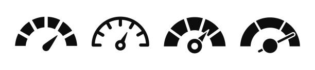 ilustrações de stock, clip art, desenhos animados e ícones de speedometer icon set. speedometer indicators with arrows. dashboard, gauge, counter and tachometer. scale from minimum to maximum. speed signs. vector illustration. - 2521