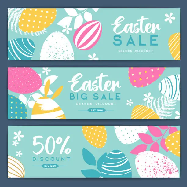 Vector illustration of Holiday Easter background with colorful easter eggs and flowers. Set of Easter sale bannes. Vector illustration