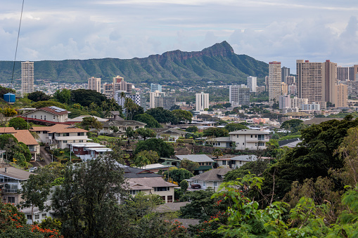 A view of Waikiki, Diamond Head Crater, and the suburbs of Honolulu. Oahu, Hawaii