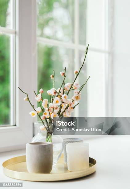 Vase With Flowers And Candles On The Windowsill Womens Day Mothers Day A Beautiful Romantic Day Summer Concept Stock Photo - Download Image Now