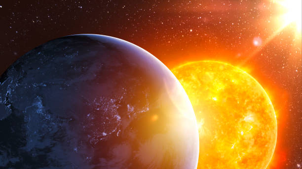istock Planet earth planet in deep space against blue nebula and glowing hot sun. Night view from the orbit of the planet with cities lights and distant sun. Outer space dark wallpaper with Eatrh surface view. Elements of this image furnished by NASA. 1365883270