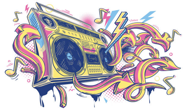 illustrazioni stock, clip art, cartoni animati e icone di tendenza di boom box colorato e frecce graffiti - 1980s style funky 1990s style boom box