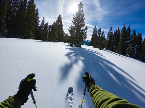 POV Ski Touring in Mountains on Sunny Day - Backcountry skiing in the Colorado Rockies.
