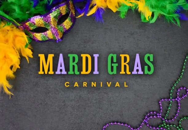 Photo of Mardi Gras Carnival Celebration Card Design Illustration with Masquerade Party Mask, Feather Boa and Beads