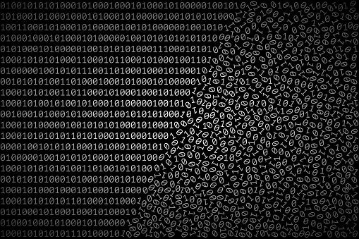 Ordered binary code is turned into chaotic heap of 1 and 0 digits. Concept of software error, fault in computer program, computer virus, corrupted code, data loss