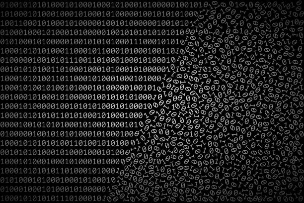 Ordered binary code is turned into chaotic heap of 1 and 0 digits Ordered binary code is turned into chaotic heap of 1 and 0 digits. Concept of software error, fault in computer program, computer virus, corrupted code, data loss zero errors stock illustrations