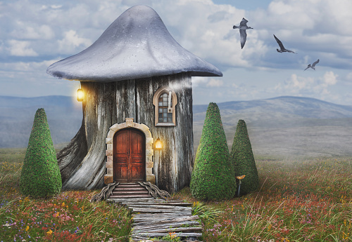 Fairy tree house with mushroom hat and old door on fantasy landscape