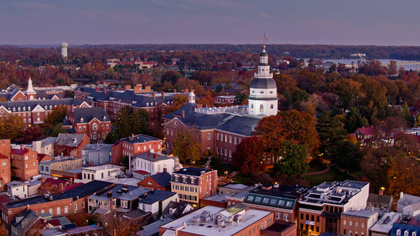 Aerial Shot of State House and St John's College in Annapolis, MD Aerial shot of the Maryland State House and St John's College in Downtown Annapolis just before sunrise on a Fall morning. maryland us state photos stock pictures, royalty-free photos & images