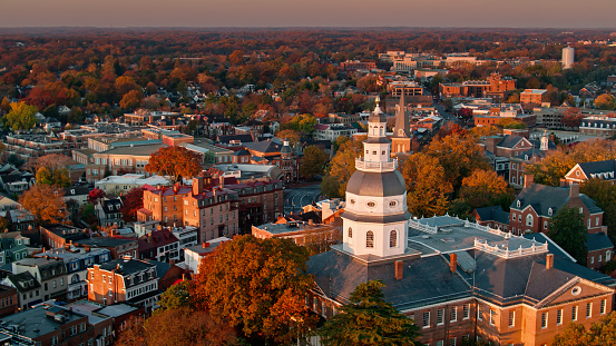 Morning Sunlight on Maryland State House and Downtown Annapolis - Aerial