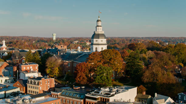 istock Fall Colors in Annapolis Around Maryland State House - Drone Shot 1365888396