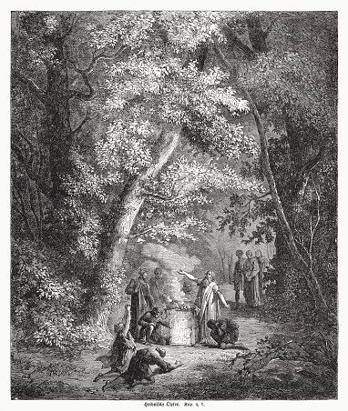Pagan sacrifice (Baruch 4, 7). Wood engraving, published in 1862.