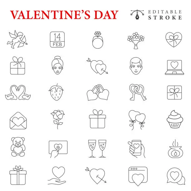 Vector illustration of Valentine's Day Line Icon Set. Editable Stroke.