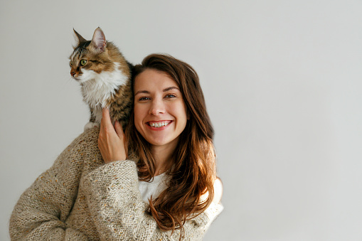 Portrait of young woman holding her siberian cat with green eyes. Female and cute long hair kitty sitting on her shoulder. Background, copy space, close up. Adorable domestic pet concept.