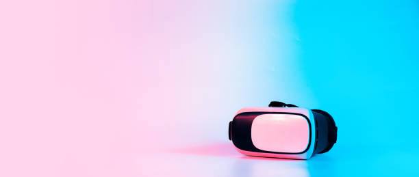 istock Virtual reality glasses VR. 3d digital headset on futuristic neon tech background. Cyber space game, NFT game activity lifestyle of future. 1365891810
