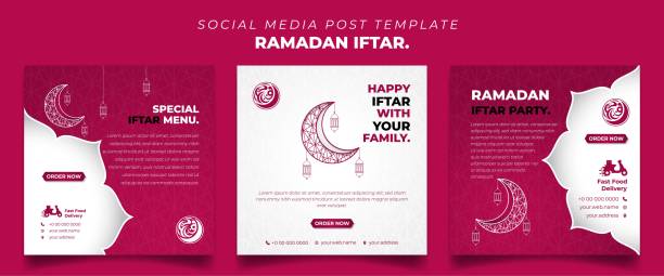 Set of Square social media post template in pink and white with lantern and moon design. Iftar mean is breakfasting and arabic text mean is ramadan. Set of Square social media post template in pink and white with lantern and moon design. Iftar mean is breakfasting and arabic text mean is ramadan. Islamic social media template design flyposting illustrations stock illustrations