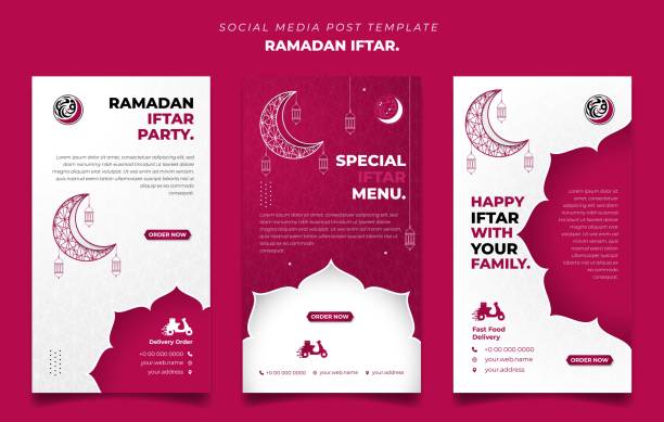 Set of social media post template in pink and white with moon and lantern design. Iftar mean is breakfasting and arabic text mean is ramadan. Set of social media post template in pink and white with moon and lantern design. Iftar mean is breakfasting and arabic text mean is ramadan. social media template with islamic background design flyposting illustrations stock illustrations