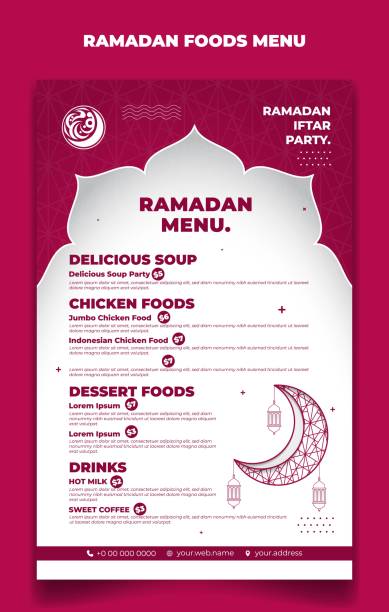 Ramadan menu template in pink and white islamic background with lantern and moon design. Iftar mean is breakfasting and arabic text mean is ramadan. Ramadan menu template in pink and white islamic background with lantern and moon design. Iftar mean is breakfasting and arabic text mean is ramadan. Also good template for restaurant menu design. wild posting ad stock illustrations
