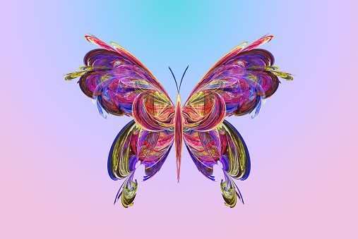 Fractal, a colorful abstract butterfly with open wings on a gradient background