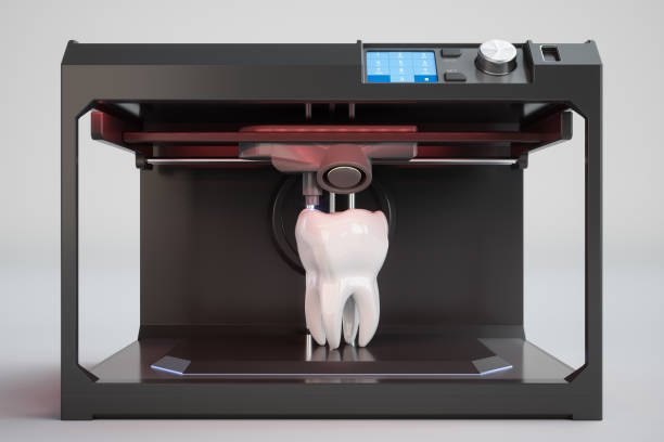 dente artificiale sulla stampante 3d medica. stampa 3d nell'industria medica. - laboratory dentures dental hygiene human teeth foto e immagini stock