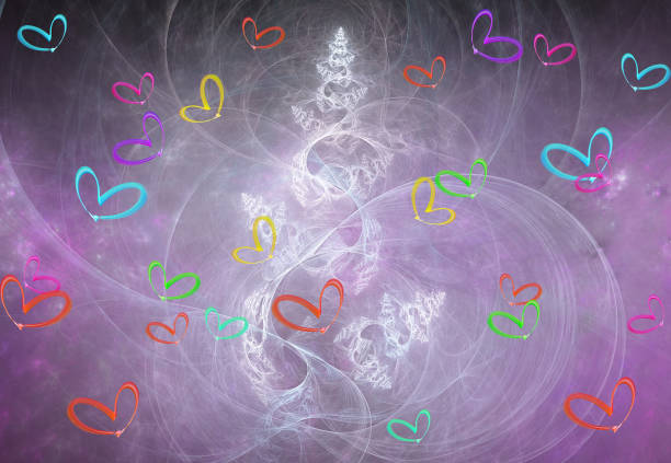 Fractal, abstract spruce in a whirlwind of blizzard and colorful hearts. Valentine's Day Concept stock photo