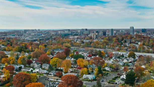 istock Stamford, Connecticut on a Sunny Day in Fall - Drone Shot 1365898200