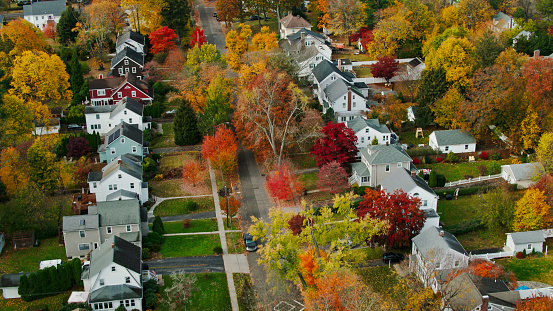 Aerial shot of a residential neighborhood in Stamford, Connecticut on a sunny day in Fall, looking down on houses and vibrant autumn leaf color on the trees.