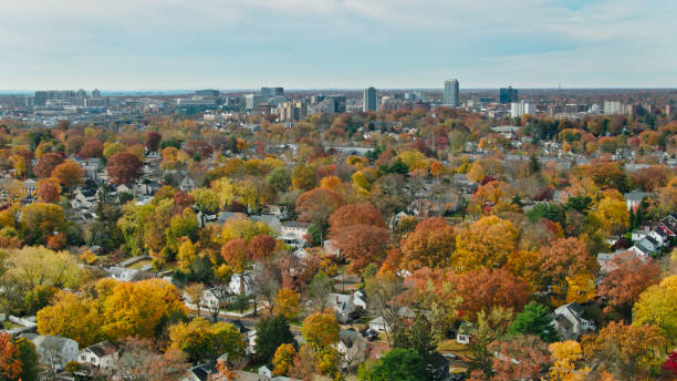 Drone View Over Houses Towards Downtown Stamford, CT