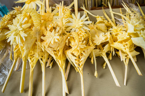 Traditional Lithuanian Easter palms known as verbos sold on Easter market in Vilnius. Lithuanian capital's annual traditional crafts fair is held every March on Old Town streets.