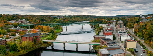 istock Panoramic Drone Shot of Kennebec River Flowing Through Augusta, Maine 1365900861