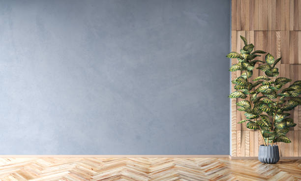 istock Interior background of room with empty blue stucco wall and pot with plant 3d rendering 1365900919